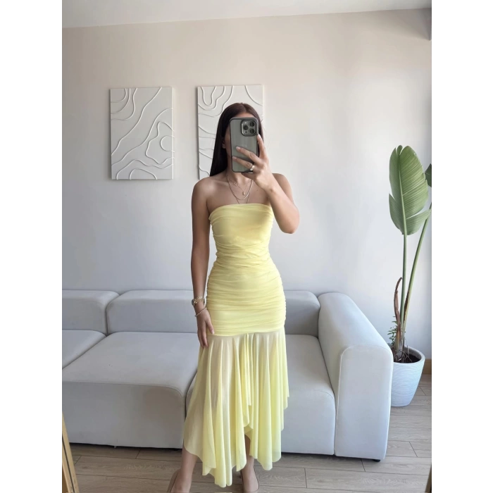 Straplez Eteği Şifon Elbise - SARI