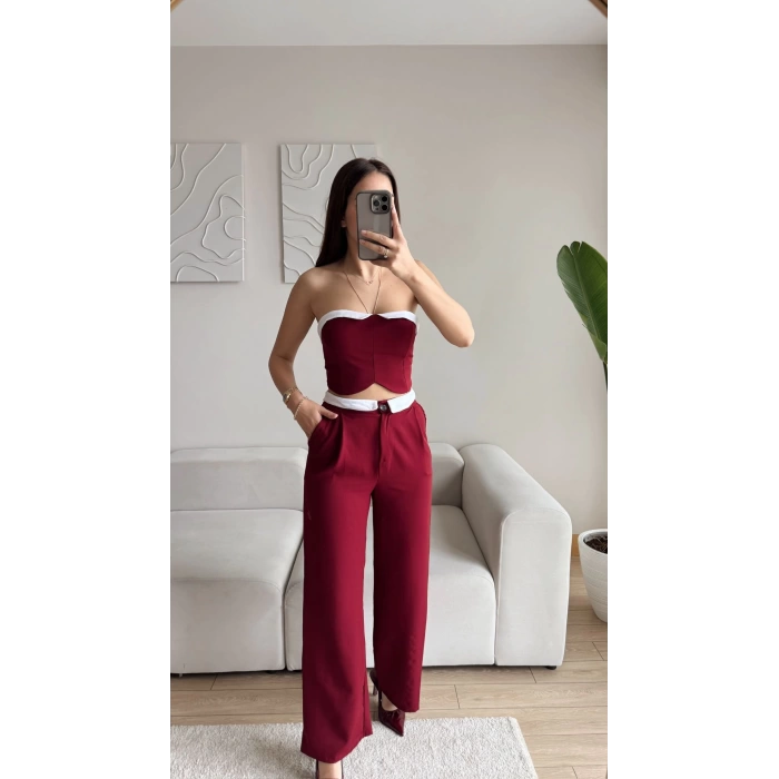 Straplez Garnili İkili Takım - BORDO