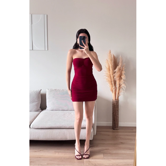 Straplez Mini Elbise - BORDO