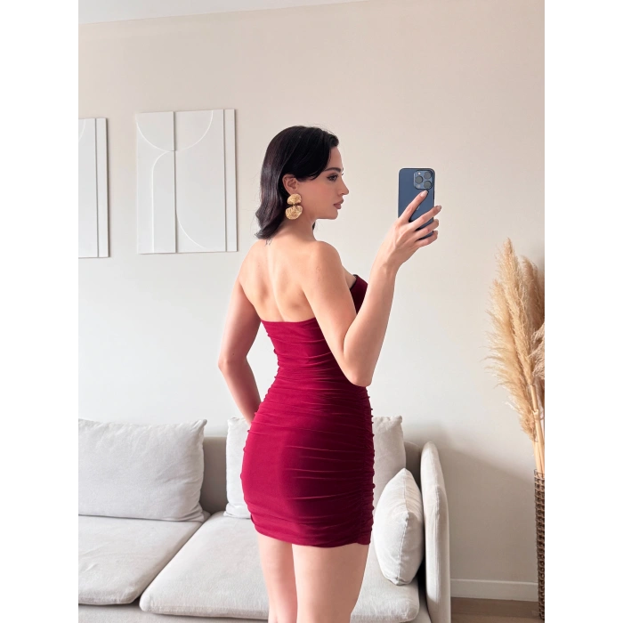 Straplez Mini Elbise - BORDO