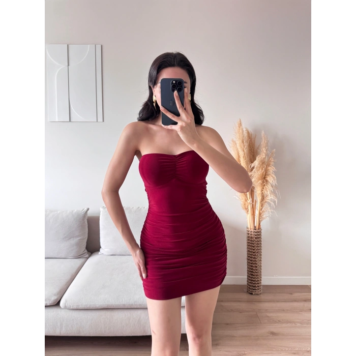 Straplez Mini Elbise - BORDO