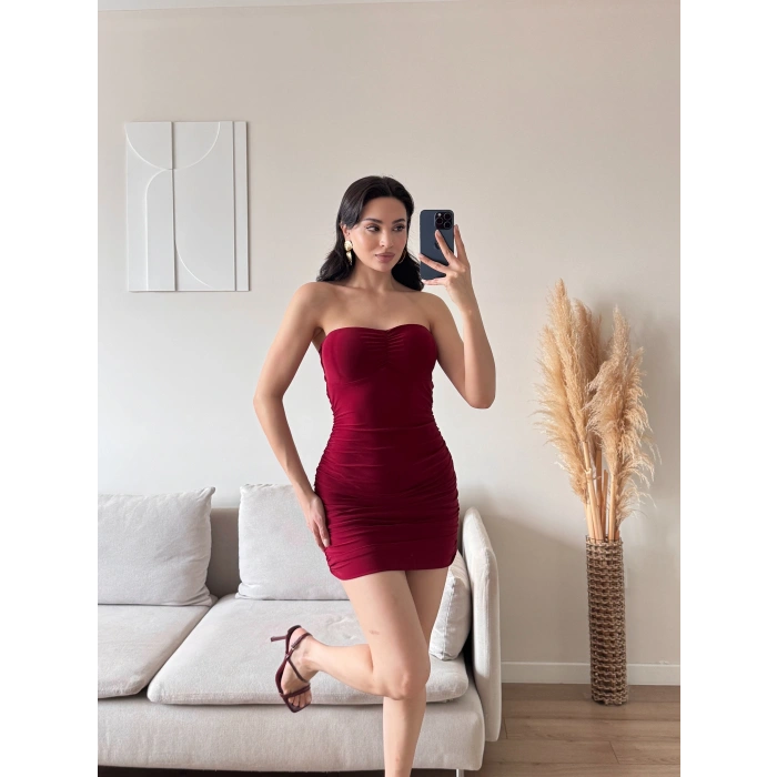 Straplez Mini Elbise - BORDO