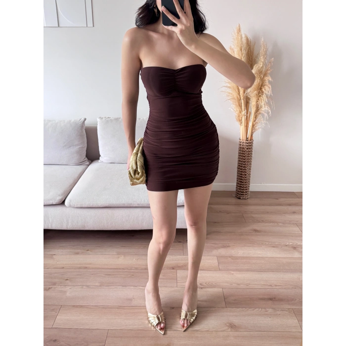 Straplez Mini Elbise - KAHVE