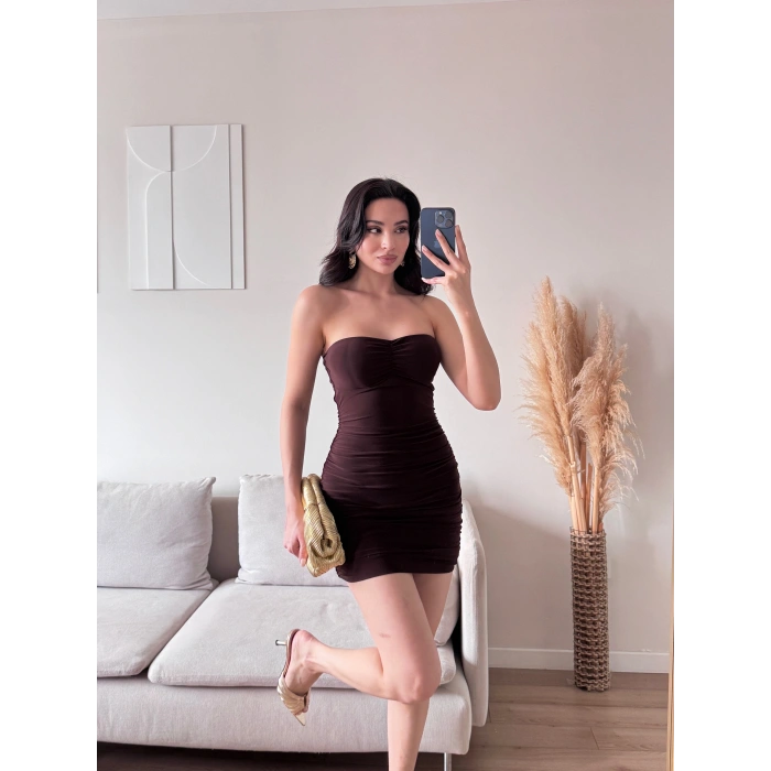 Straplez Mini Elbise - KAHVE