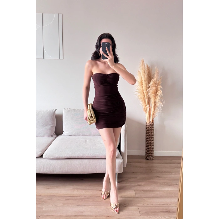 Straplez Mini Elbise - KAHVE