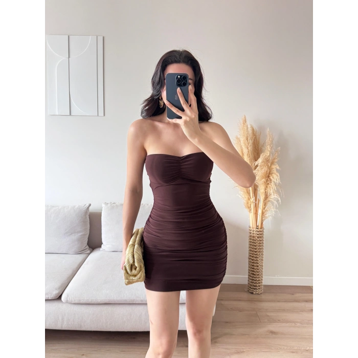 Straplez Mini Elbise - KAHVE