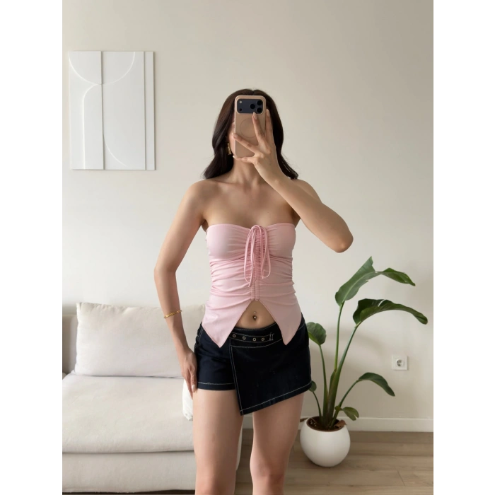 Straplez Ön Büzgü Crop - PEMBE