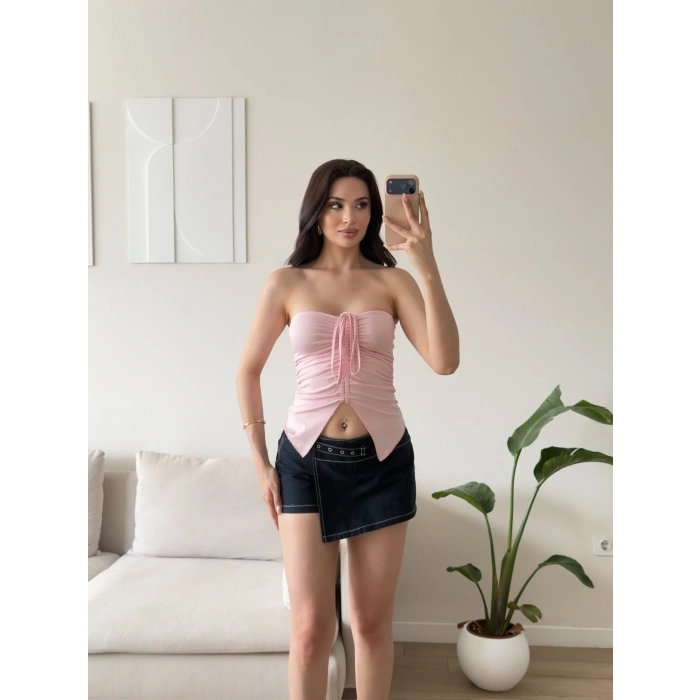 Straplez Ön Büzgü Crop - PEMBE