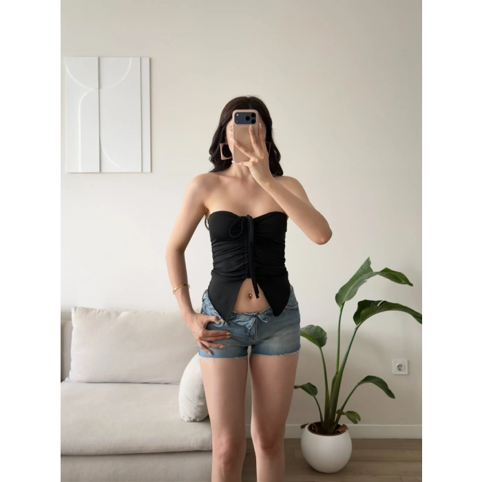 Straplez Ön Büzgü Crop - SİYAH