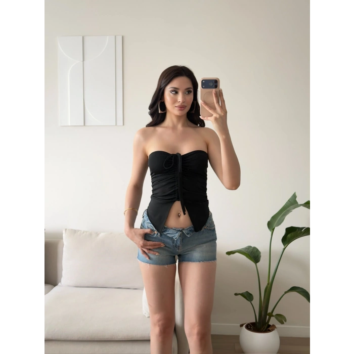 Straplez Ön Büzgü Crop - SİYAH