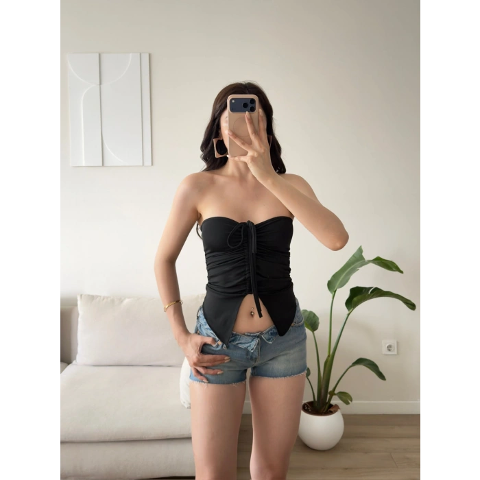 Straplez Ön Büzgü Crop - SİYAH