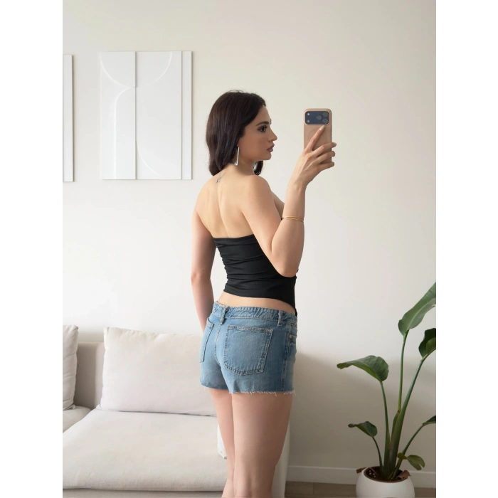 Straplez Ön Büzgü Crop - SİYAH