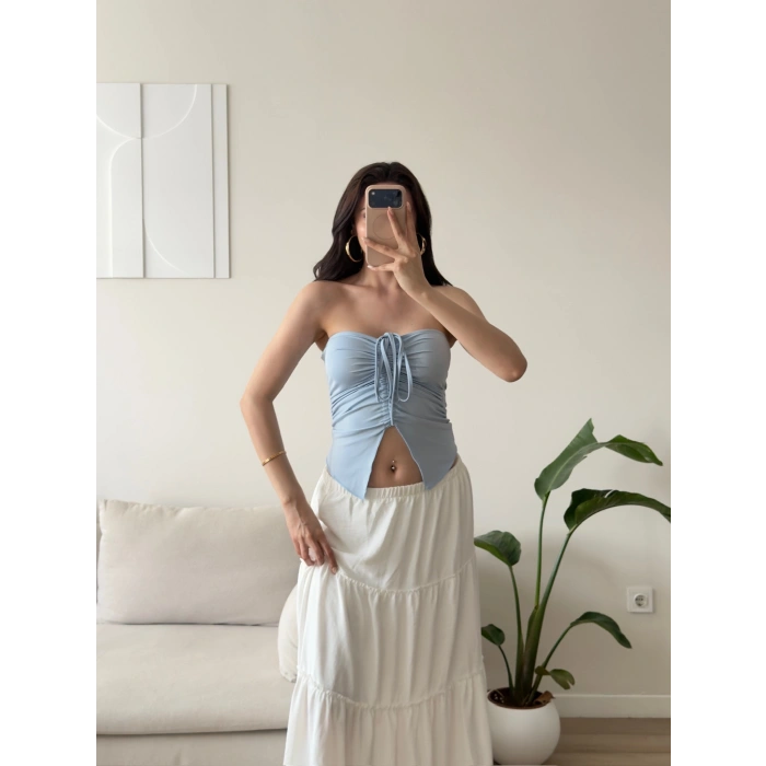 Straplez Ön Büzgü Crop - MAVİ