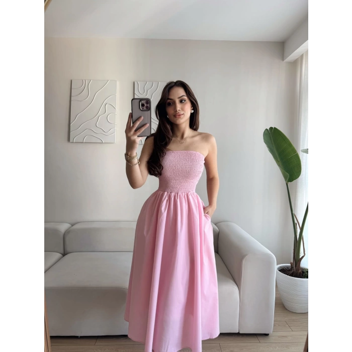 Straplez Poplin Cepli Elbise - PUDRA