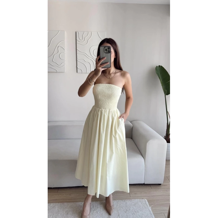 Straplez Poplin Cepli Elbise - SARI