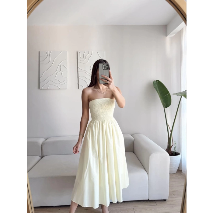 Straplez Poplin Cepli Elbise - SARI