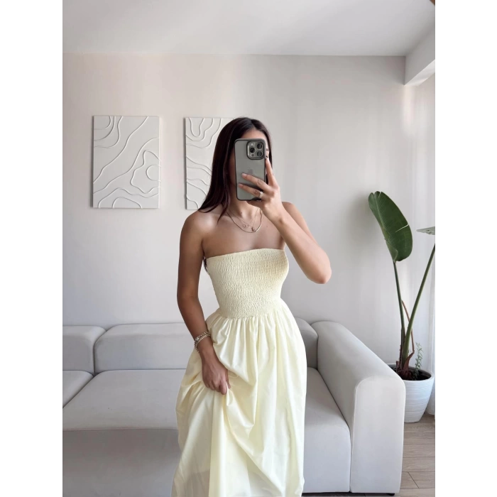 Straplez Poplin Cepli Elbise - SARI