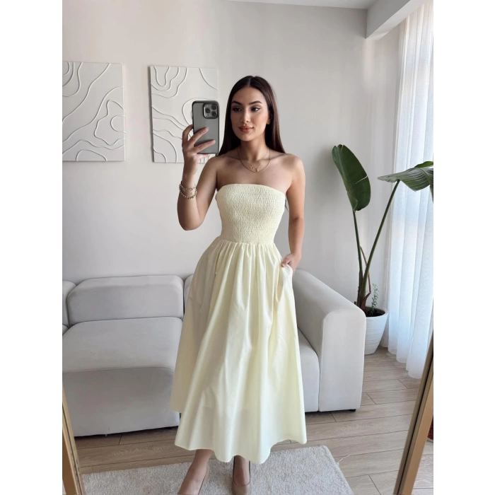 Straplez Poplin Cepli Elbise - SARI