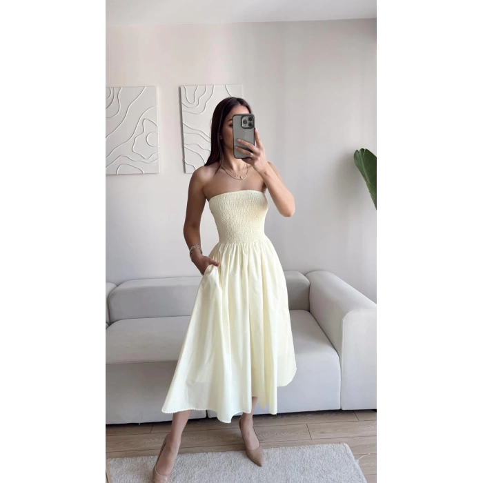 Straplez Poplin Cepli Elbise - SARI