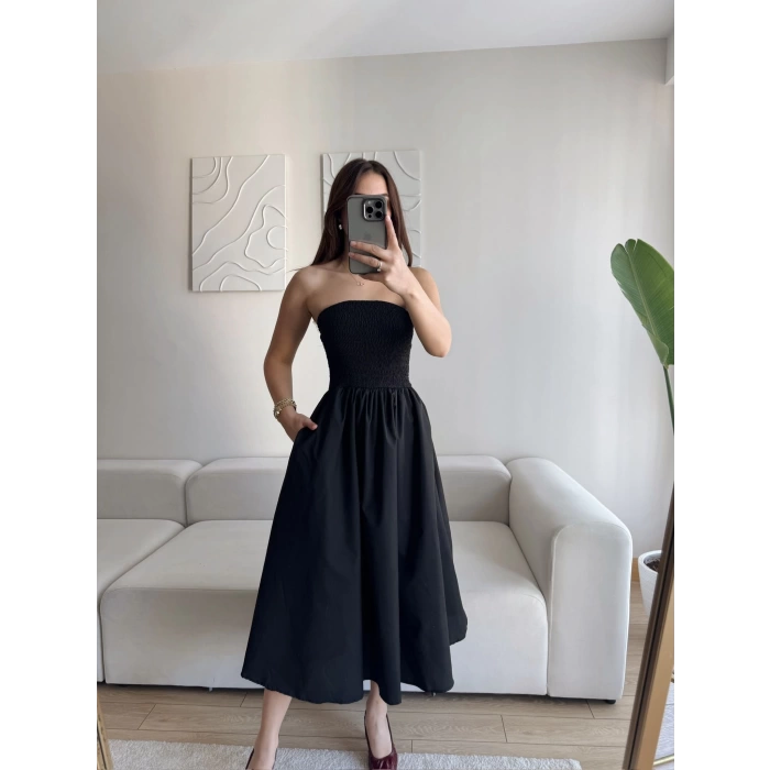 Straplez Poplin Cepli Elbise - SİYAH