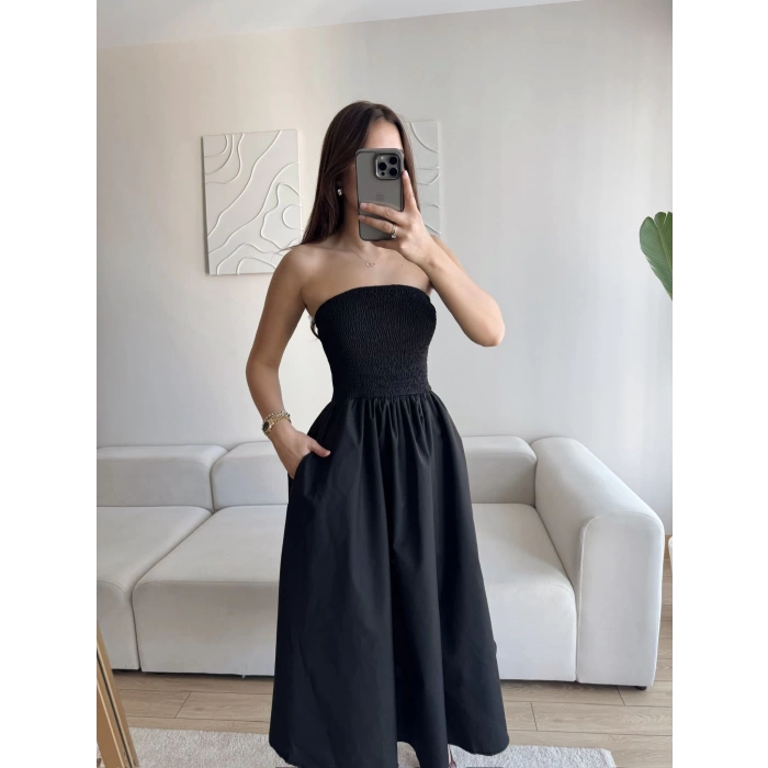 Straplez Poplin Cepli Elbise - SİYAH