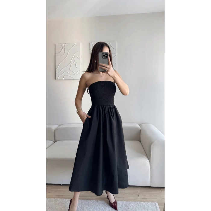 Straplez Poplin Cepli Elbise - SİYAH