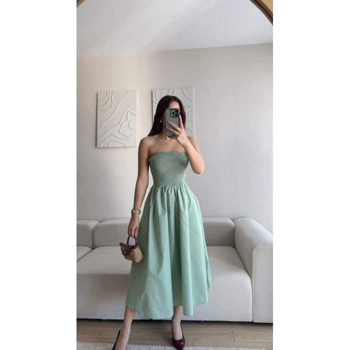 Straplez Poplin Cepli Elbise - YEŞİL