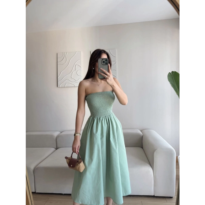 Straplez Poplin Cepli Elbise - YEŞİL