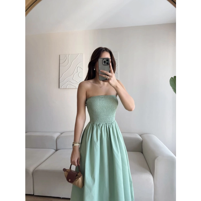 Straplez Poplin Cepli Elbise - YEŞİL