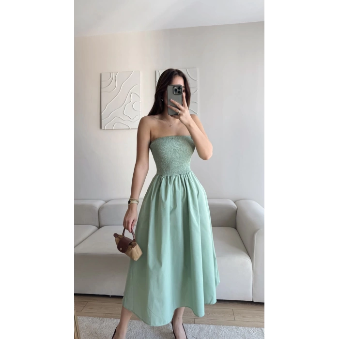 Straplez Poplin Cepli Elbise - YEŞİL
