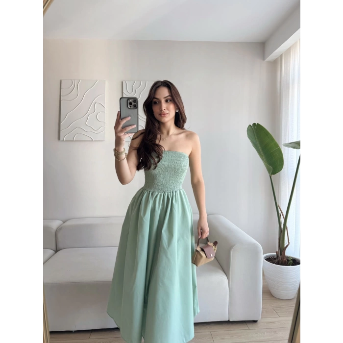 Straplez Poplin Cepli Elbise - YEŞİL