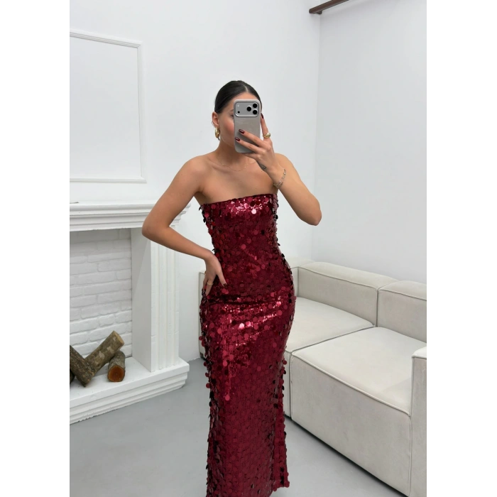 Straplez Pullu Elbise - BORDO