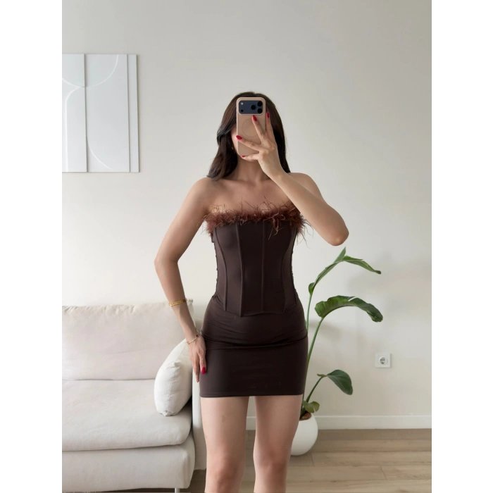 Straplez Tüy Detay Premium Takım - KAHVE