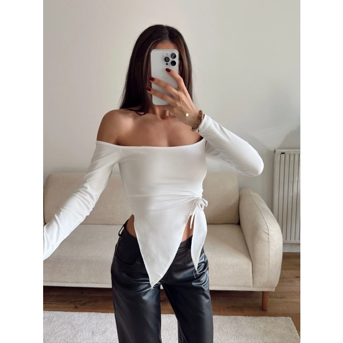 Straplez Yan Büzgü Crop - BEYAZ