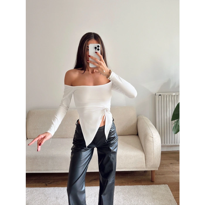 Straplez Yan Büzgü Crop - BEYAZ