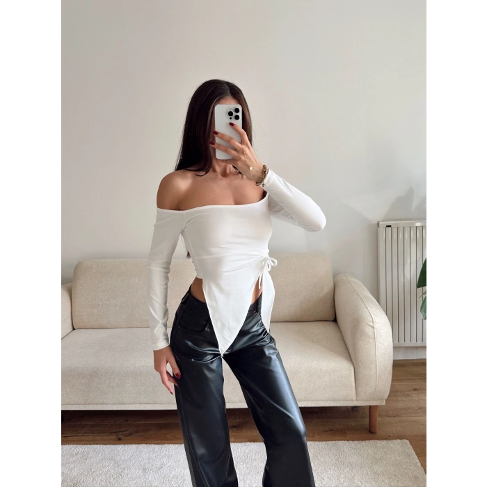 Straplez Yan Büzgü Crop - BEYAZ