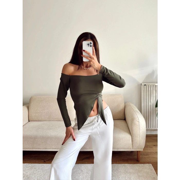 Straplez Yan Büzgü Crop - HAKİ