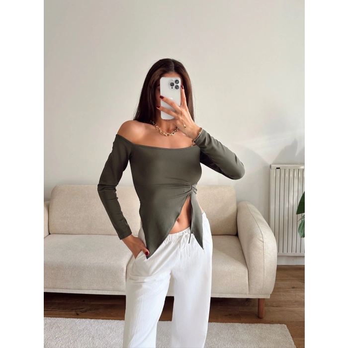Straplez Yan Büzgü Crop - HAKİ