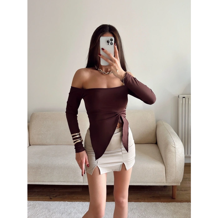 Straplez Yan Büzgü Crop - KAHVE