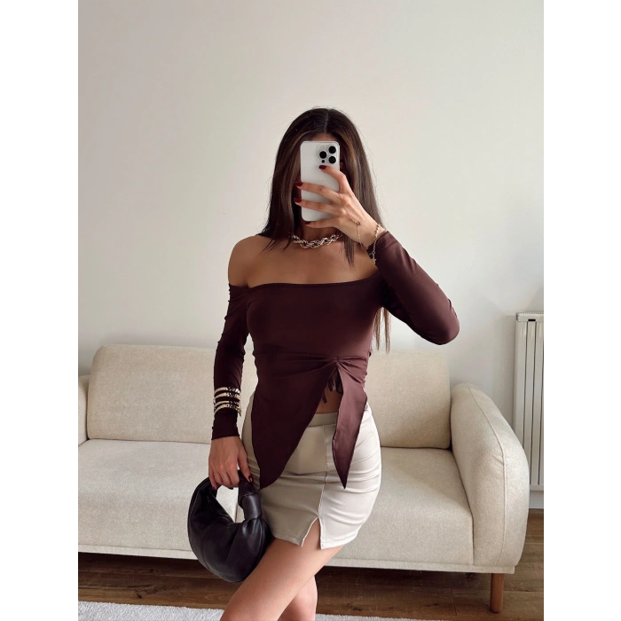 Straplez Yan Büzgü Crop - KAHVE