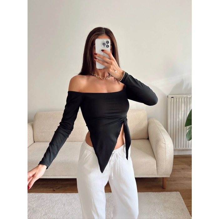 Straplez Yan Büzgü Crop - SİYAH
