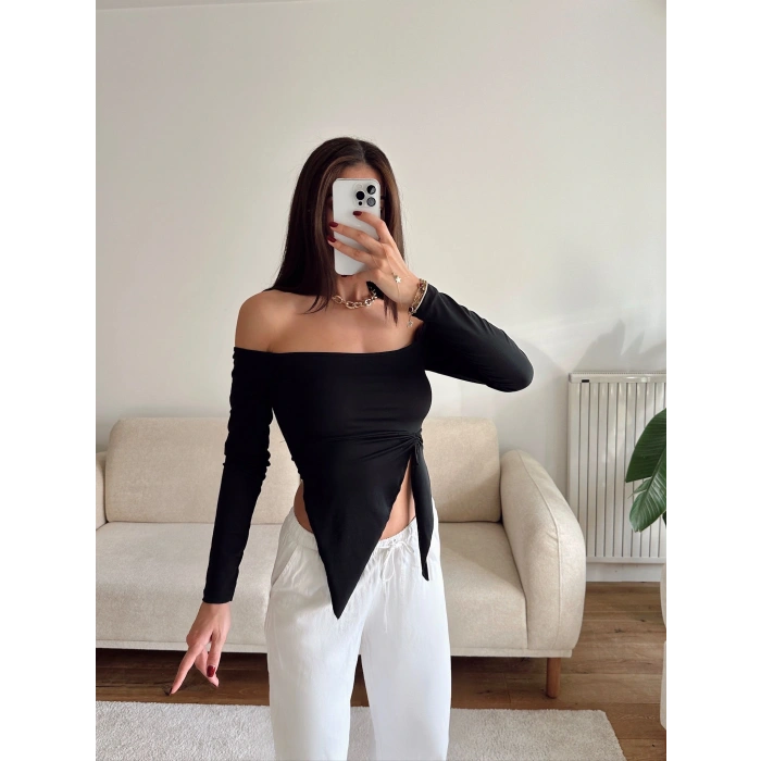Straplez Yan Büzgü Crop - SİYAH