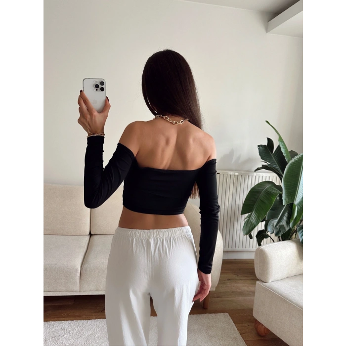 Straplez Yan Büzgü Crop - SİYAH