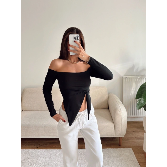 Straplez Yan Büzgü Crop - SİYAH