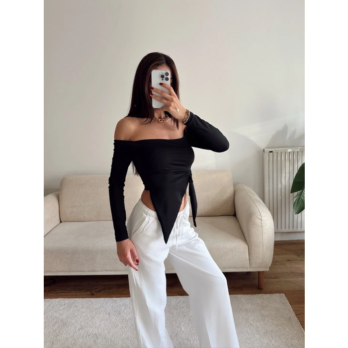 Straplez Yan Büzgü Crop - SİYAH