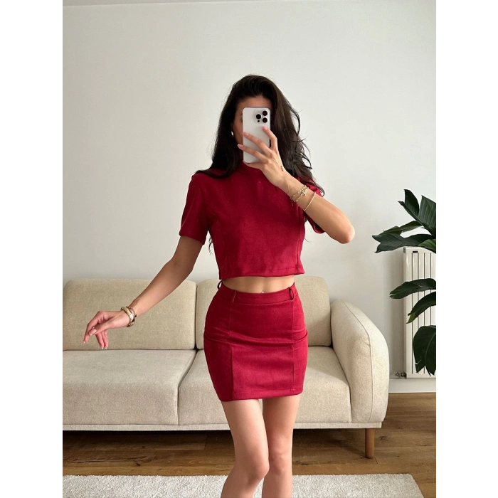 Süet Crop & Mini Etekli Takım - BORDO