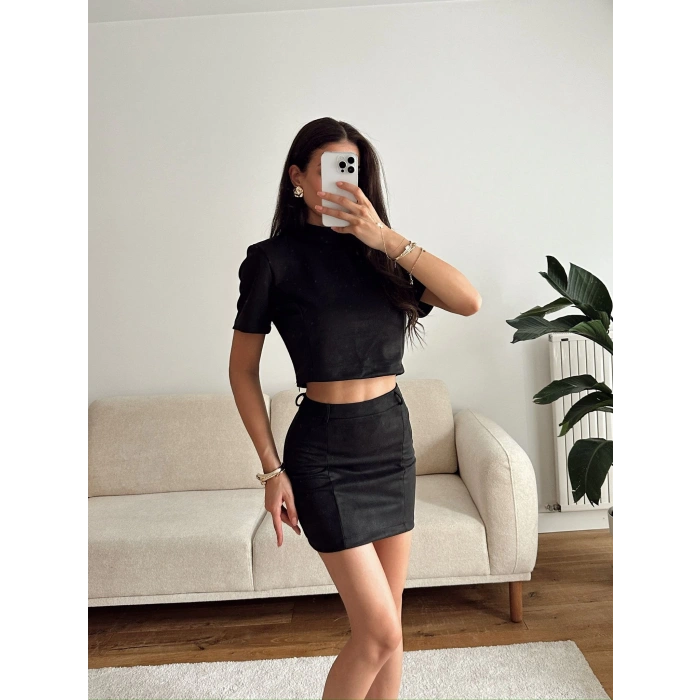 Süet Crop & Mini Etekli Takım - SİYAH
