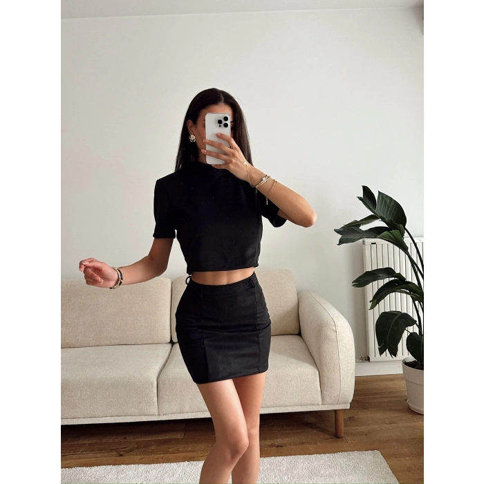 Süet Crop & Mini Etekli Takım - SİYAH