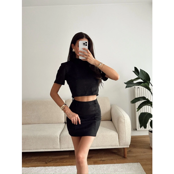 Süet Crop & Mini Etekli Takım - SİYAH