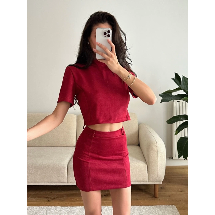 Süet Crop & Mini Etekli Takım - BORDO